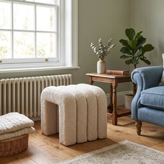 Teddy Arch Footstool White Plush Boucle Accent Seat for Living Room
