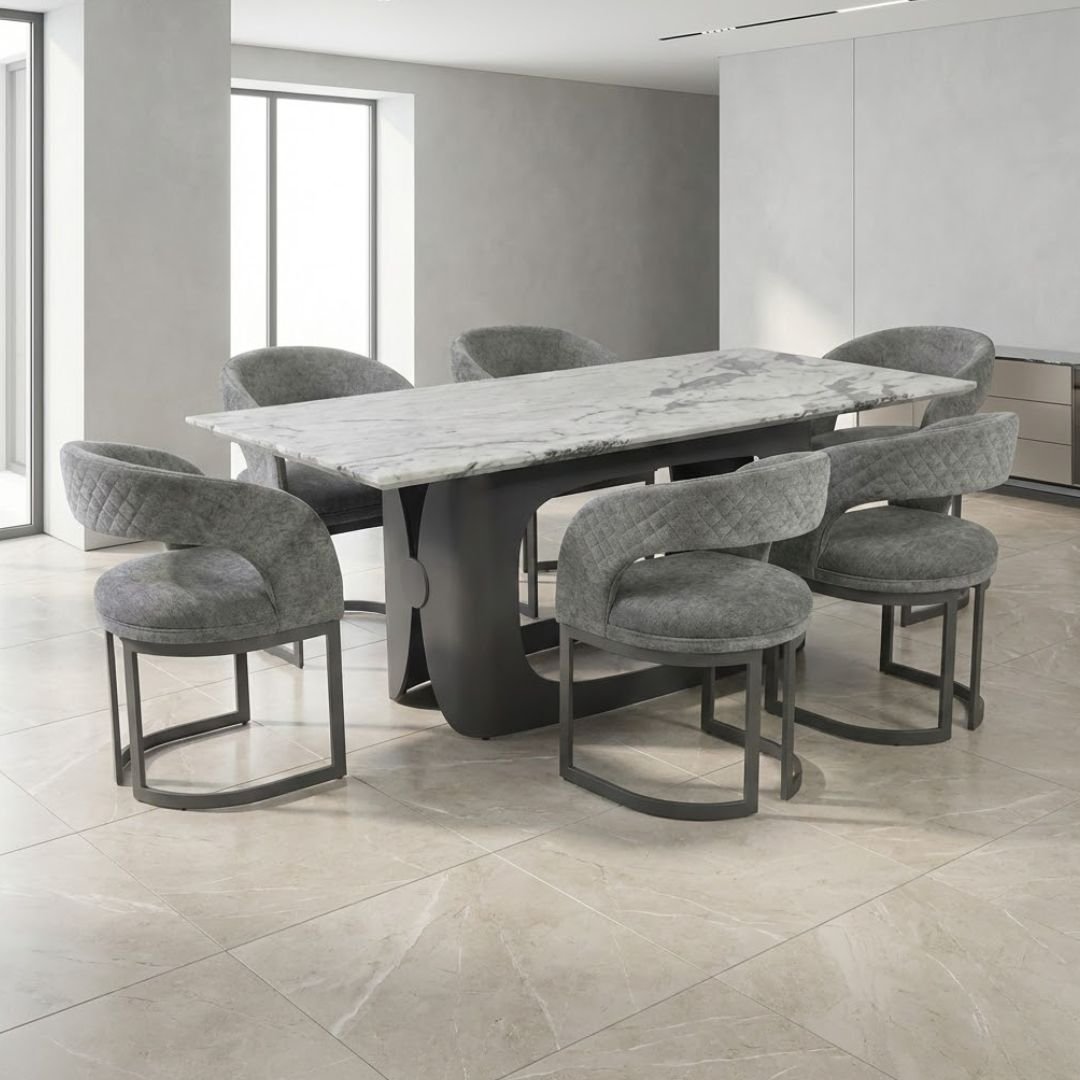Lina 180cm Grey Marble Dining Table & 6 Grey Lina Chairs Set