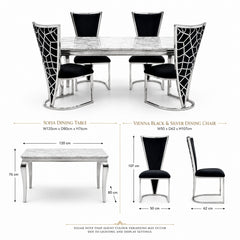 1.2m Grey Marble Dining Table with 4 Vienna Black Silver Chairs UK
