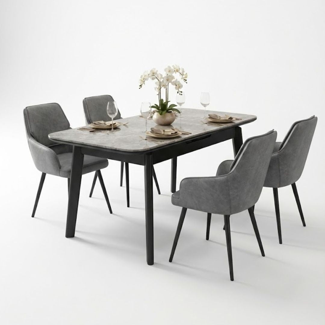 Arizona Grey Ceramic Extending Dining Set 4 PU Leather Chairs