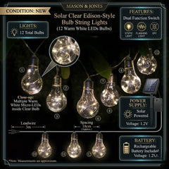 Solar Powered 12 Clear Bulb String Lights - Warm White Garden LED