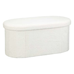 White Boucle Curved Storage Ottoman Bench with Black Metal Legs