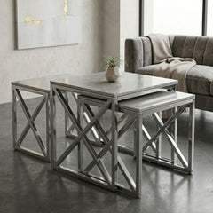 Aida Grey Ceramic Silver Base Nest of 3 Square Side Tables Set