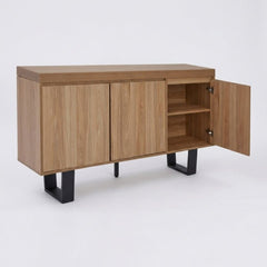 Oakton Natural Wood Sideboard 3 Door Black Metal Legs 140cm