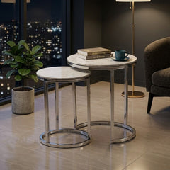 Aiza White Marble Effect Nest of 2 Side Tables - Modern Grey Frame