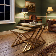 Carra Gold Nest of Tables Set of 3 Cream Marble Living Room Tables