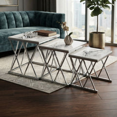 Maidah Silver Nest of 3 Tables with White Marble Top & Steel Frame