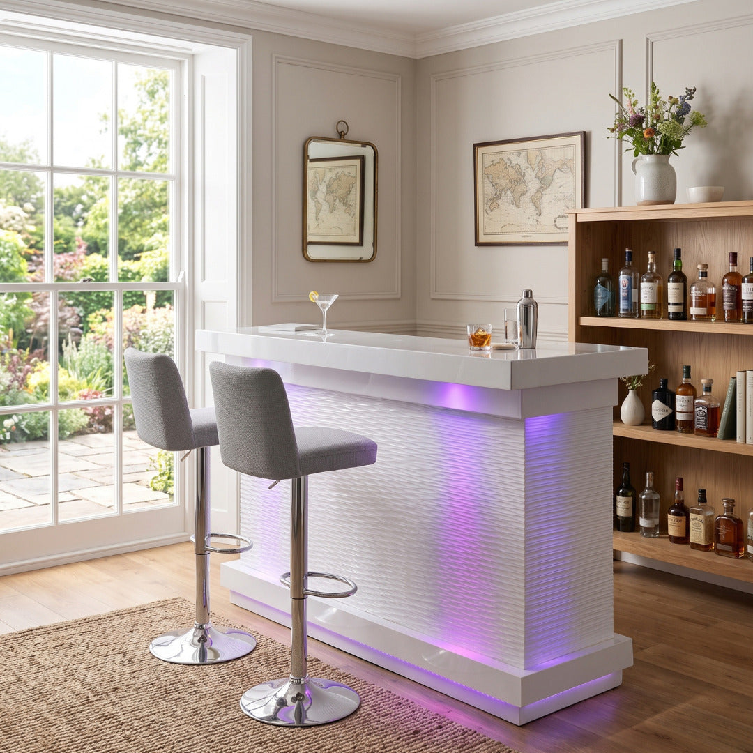 Home Luxe Aura White Drinks Bar with LED Lights & Bluetooth Speakers