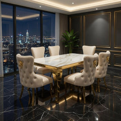 Sofia 1.8m Cream & Gold Marble Table & 6 Victoria Mink Lion Chairs