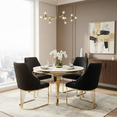 Sofia 150cm Cream Gold Marble Dining Table & 4 Lasco Black Gold Chairs