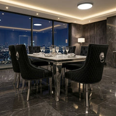 Sofia 1.6m Grey Marble Dining Table & 6 Black Minister Lion Chairs