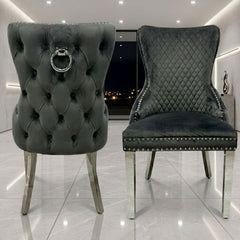 Set of 2 Grey Victoria Dining Chairs with Ring Knocker & Silver Legs