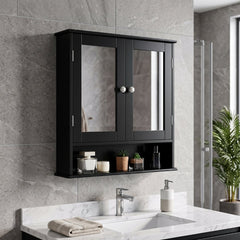Maine Black 2 Door Bathroom Wall Cabinet with Mirrored Doors & Storage