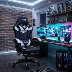 ZADAR White/Black Musical Gaming Chair with Bluetooth, RGB & Footrest
