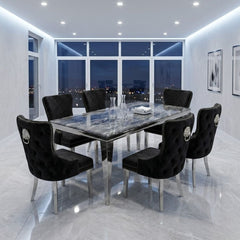 Sofia 1.8m Grey Marble Dining Table & 6 Victoria Black Silver Chairs