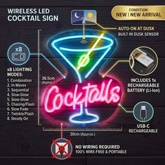 Mason & Jones Solar Powered Neon Cocktails Wall Sign - Outdoor Decor