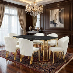 Sorrento 180cm Black Marble Gold Leg Dining Table & 6 Fabio Beige Chairs