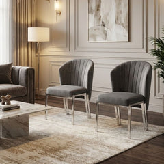 Set of 2 Grey Velvet Fabio Dining Chairs with Modern Silver Frame