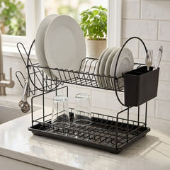2-Tier Dish Drainer Rack - Black Powder Coated Iron Wire