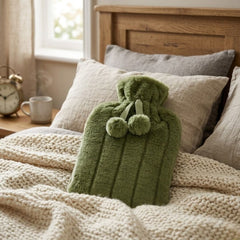 Sage Green 2L Faux Fur Hot Water Bottle - Luxury Plush Pom Pom Gift