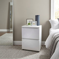 Norsk 2 Drawer Bedside Table - White High Gloss Modern Nightstand