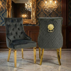 Set of 2 Minister Grey Velvet Dining Chairs with Gold Lion Knocker
