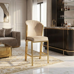 Fabio Beige Velvet Barstool with Gold Frame | Luxury Breakfast Stool