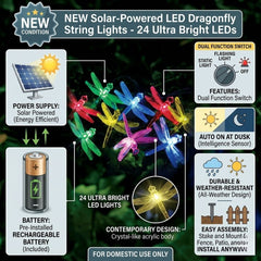 Solar Powered 24 LED Dragonfly String Lights - Multicolour Garden