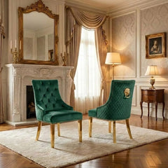 Set of 2 Minister Green Velvet Dining Chairs with Gold Lion Knocker