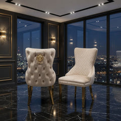 Set of 2 Victoria Mink Velvet & Gold Dining Chairs with Lion Ring Knocker – Home Luxe Interior