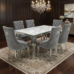 Sofia 1.8m Grey Marble Dining Table & 6 Minister Grey Lion Chairs
