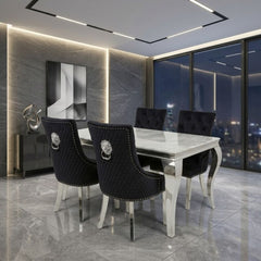 Sofia 1.2m Grey Marble Dining Table & 4 Black Minister Lion Chairs