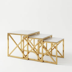 Aida White ceramic & Gold Nesting Tables - Set of 3 Square Side Tables