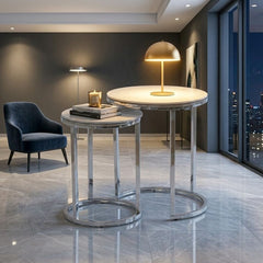 Aiza Grey Marble Effect Nest of 2 Side Tables - Modern Grey Frame