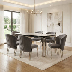 Sorrento 180cm White Marble Silver Leg Dining Table & 6 Fabio Grey Chairs