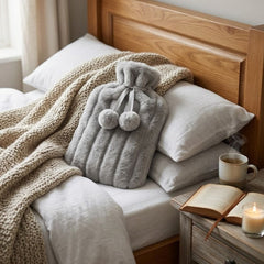 Light Grey 2L Faux Fur Hot Water Bottle - Luxury Plush Pom Pom Gift