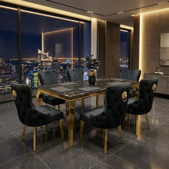 Sofia 1.8m Black & Gold Marble Table & 6 Victoria Black Lion Chairs