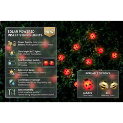 Solar Powered 30 Ladybird Insect String Lights - White LED Garden