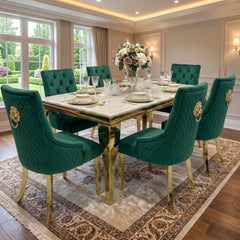 1.2 Sofia Cream Gold Marble Dining Table & 4 Green Velvet Lion Chairs