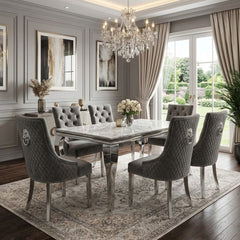 Sofia 1.6m Grey Marble Dining Table & 6 Minister Grey Lion Chairs