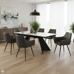 Chicago Cream & Gold Ceramic Extending Table & 6 Stanford Grey Chairs