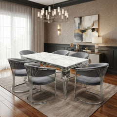 160cm Grey Marble & Silver Dining Table with 6 Porado Grey Chairs