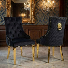 Set of 2 Minister Black Velvet Dining Chairs with Gold Lion Knocker