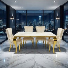 Sofia 1.2m Cream & Gold Marble Table & 4 Victoria Mink Lion Chairs