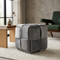 Grey Velvet Style Cube Pouffe - Soft Brushed 40x40x30cm Ottoman