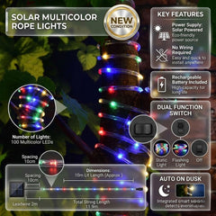 Solar Powered 10m Micro LED Rope Light - 100 Multicolour Garden LEDs