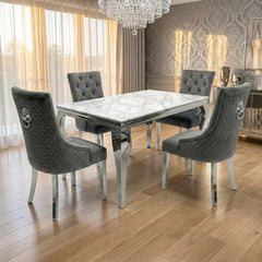 Sofia 1.2m Grey Marble Dining Table & 4 Minister Grey Lion Chairs