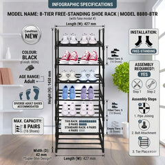 About Home 8 Tier Stackable Shoe Rack - Black Space Saving Storage