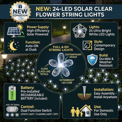 Solar Powered 24 LED Flower String Lights - White Garden Decor