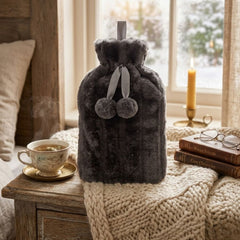 Black 2L Faux Fur Hot Water Bottle - Luxury Plush Pom Pom Winter Gift